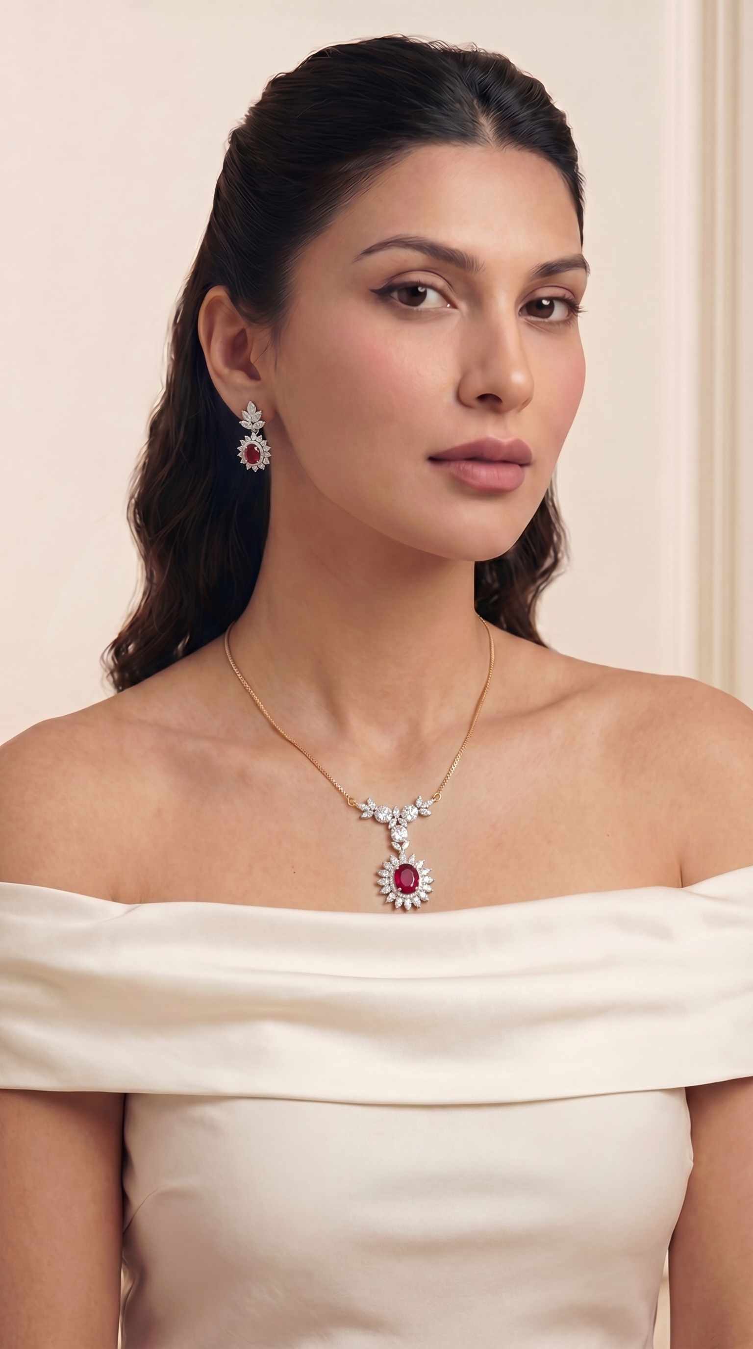 Vintage Ruby Floral Statement Pendant Set